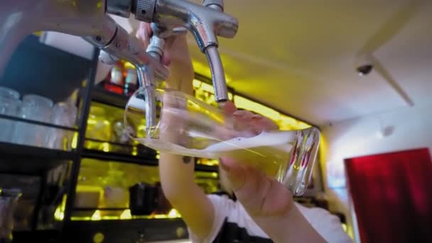 Bira Barında Bardağa Bira Dökmek Restoranda Bira Şişeleme Bar Tezgahı — Stok video