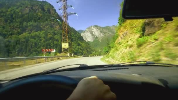 Lenkrad Menschliche Hand Und Blick Auf Die Natürliche Landschaft Aus — Stockvideo