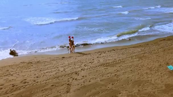 Schieten Met Drone Twee Mooie Meisjes Bikini Wandelen Langs Het — Stockvideo