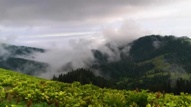 Tempo Voltas Nuvens Movendo Sobre Incrível Aldeia Alta Altitude Bakhmaro — Vídeo de Stock
