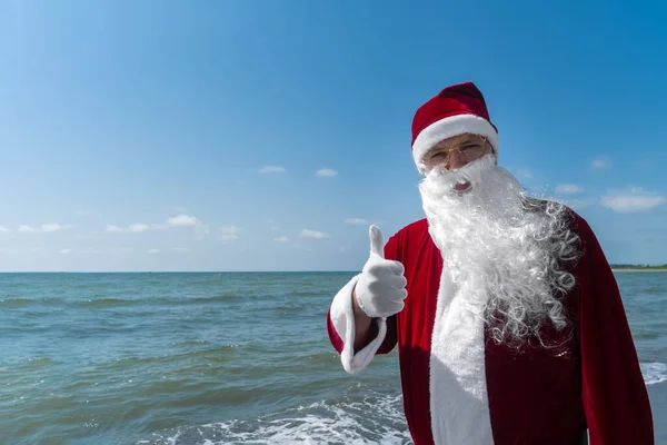 Porträt Des Weihnachtsmannes Mit Erhobenem Finger Auf Dem Meer Einem — Stockfoto