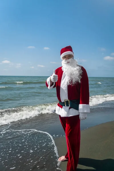 Porträt Des Weihnachtsmannes Mit Erhobenem Finger Auf Dem Meer Einem — Stockfoto