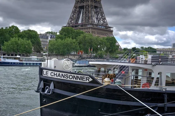 Paris France May 2022 View Moored Boat River Seine Eiffel — Stock Photo, Image