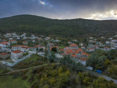 Aerial panoramic view of the picturesque mountainous village Kremasti, Laconia during winter. The village is located in southern Greece in the Parnon mountain range, Peloponnese, Greece clipart