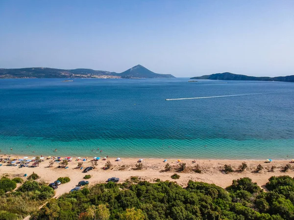 Vista Aérea Panorámica Playa Divari Cerca Bahía Navarino Gialova Una — Foto de Stock