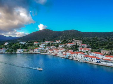 Beautiful aerial view at Ierakas or Gerakas, a picturesque fishing village in Laconia, Greece. The village is also known as the Greek natural Fjord due to the geomorphology of the place. Peloponnese, Greece clipart