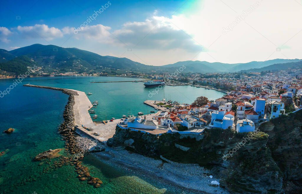 Beautiful aerial view over the famous Skopelos town also known as chora in Skopelos island, Sporades, Greece