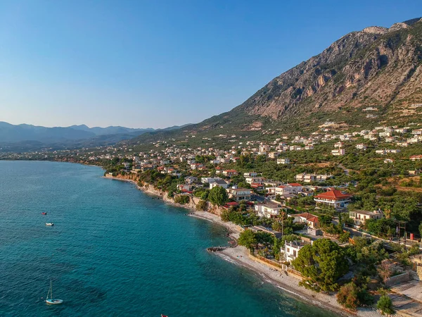 Aerial seaside view of Kato Verga seaside town near Kalamata city, Messenia, Greece.