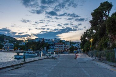 Night view of the beautiful seaside town of Patitiri, in Alonissos island, Greece, Europe