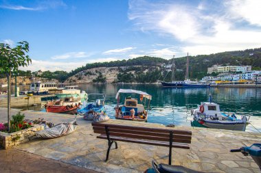 Traditional fishing boats at the picturesque port of Patitiri in Alonnisos island, Sporades, Greece, Mediterranean sea