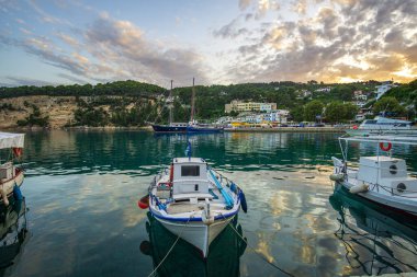 Traditional fishing boats at the picturesque port of Patitiri in Alonnisos island, Sporades, Greece, Mediterranean sea