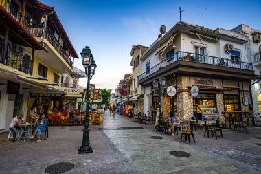 Urban view of the beautiful city center of Chora town in Skiathos island, Sporades, Greece