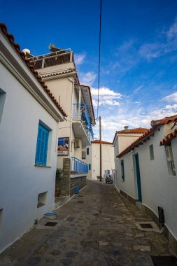 Skiathos Adası, Sporades, Yunanistan 'daki geleneksel mimari binalar