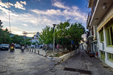 Urban view of the beautiful Chora town in Skiathos island, Sporades, Greece