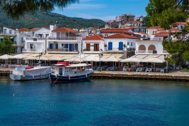 Beautiful view from the islet of Bourtzi, a small peninsula in port of Skiathos island, Sporades Greece