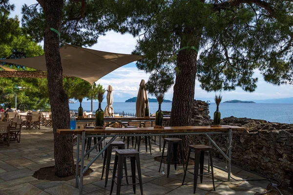 Cafeterias Beautiful View Islet Bourtzi Small Peninsula Port Skiathos Island — Stock Photo, Image