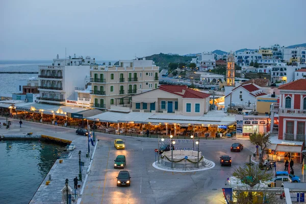 Urban view of Chora town in Tinos island around the port of Tinos in Cyclades, Greece, Europe