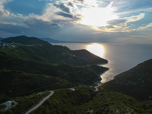Widok Lotu Ptaka Wyspę Alonissos Sporades Grecja Zachodzie Słońca — Zdjęcie stockowe