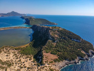 Aerial panoramic view over the ancient venetian castle Paleokastro near Voidokilia beach in Messenia, Greece, Europe