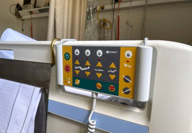 Modern medical bed with lifting mechanism on the control panel in the General Hospital of Kalamata, Greece, Europe