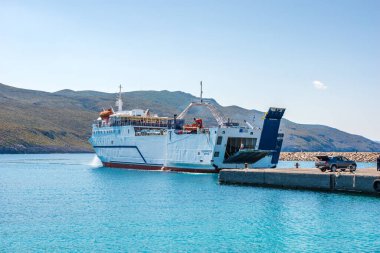 Porfyrousa ferry boat arrives in Diakofti port in Kythira island, Greece, Europe
