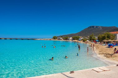 Beautiful view of Diakofti beach in Kythira island, Greece during high tourist season