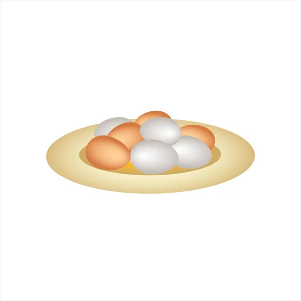 白い背景に隔離された丸いプレート上の現実的な茶色と白の卵 — ストックベクタ