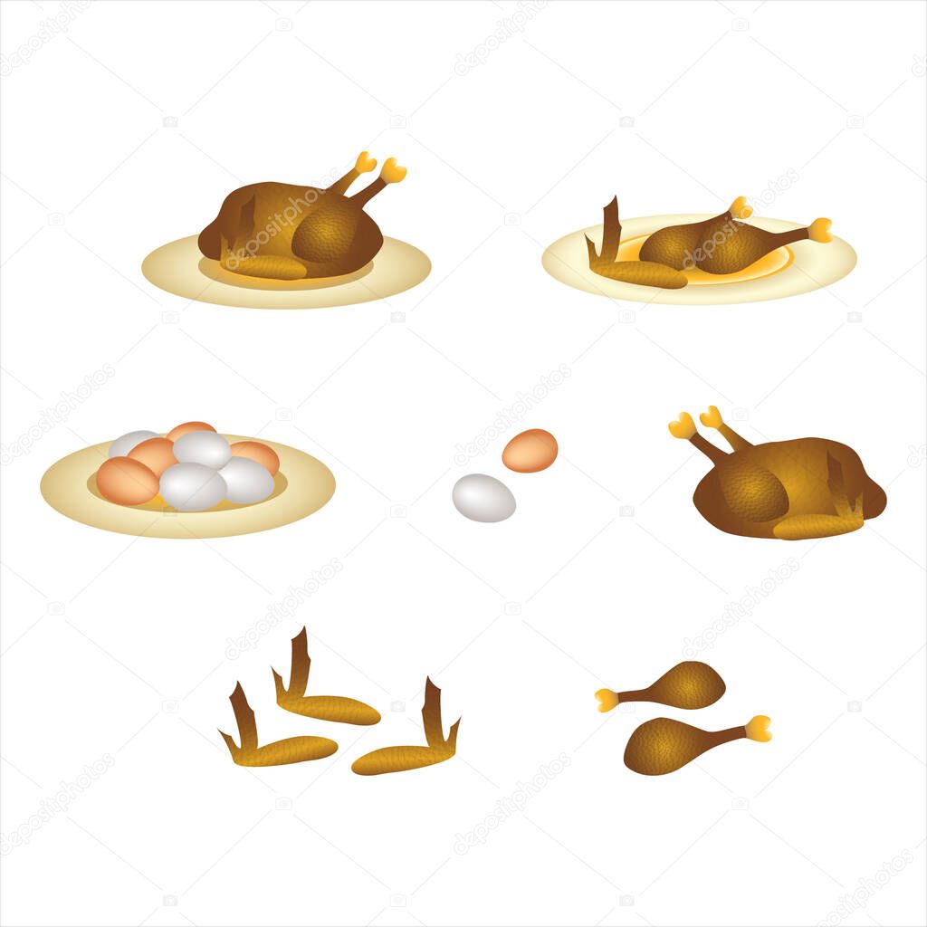 Roasted golden brown chicken or roasted turkey set with whole chicken, wings, legs, white and brown eggs and plates isolated in white background