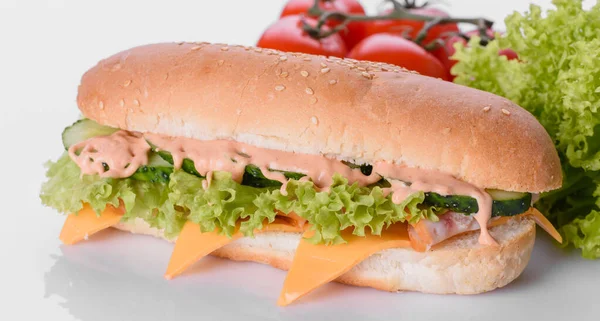 チーズ 肉とおいしい新鮮なサンドイッチグリル 不健康食品 ファーストフード — ストック写真