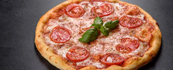 Savoureuse Pizza Fraîche Four Avec Tomates Fromage Sur Fond Béton — Photo