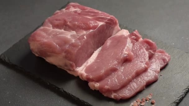 Raw Pork Steak Cutting Board Herbs Spices — Stock Video