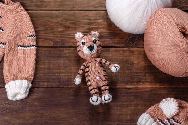 Beautiful Knitted Tiger Threads Toy Made Your Own Hands Year — Stockfoto