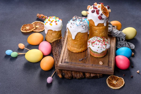 Frohe Ostern Urlaub Auf Dem Tisch Mahlzeit Snack Freien Draufsicht — Stockfoto