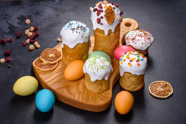 Frohe Ostern Urlaub Auf Dem Tisch Mahlzeit Snack Freien Draufsicht — Stockfoto