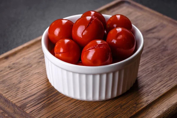 Delicious Red Canned Cherry Tomatoes White Piala Dark Concrete Table — Stock Photo, Image