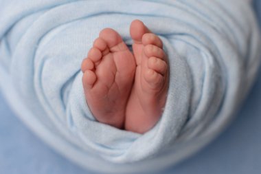 Yeni doğmuş bir bebeğin küçük güzel bacakları hayatın ilk günlerinde. Yeni doğmuş bir bebeğin bebek ayakları
