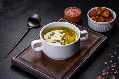 Domuz pastırmalı bezelye çorbası. Metin için boşluk, üst görünüm