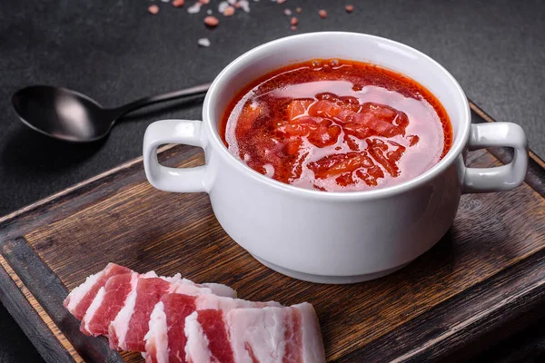 Slavic Soup Borsch Beet Broth Vegetables Meat Ukrainian Soup — Stock Photo, Image