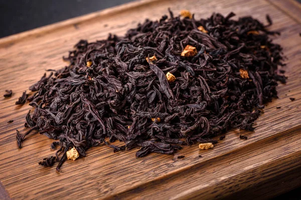 Fekete Nagy Levelű Tea Mint Háttér Száraz Fekete Tealevelek Szerkezete — Stock Fotó