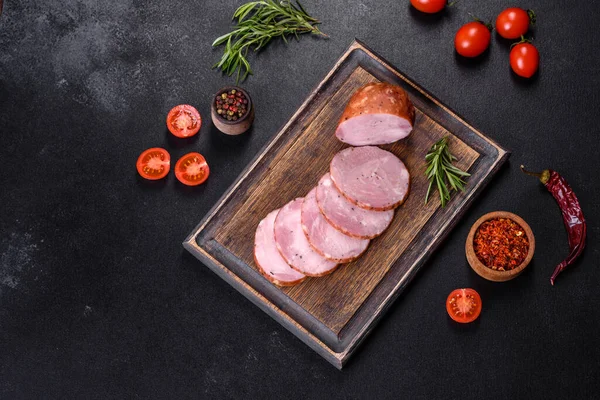 Delicious Fresh Ham Cut Slices Wooden Cutting Board Dark Concrete — Stock Photo, Image