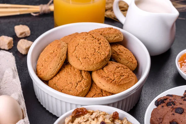 Delicious Nutritious Healthy Breakfast Granola Eggs Oat Cookies Milk Jam — стоковое фото