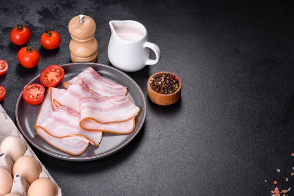 Delicious Fresh Raw Bacon Cut Slices Grey Plate Dark Concrete — стоковое фото