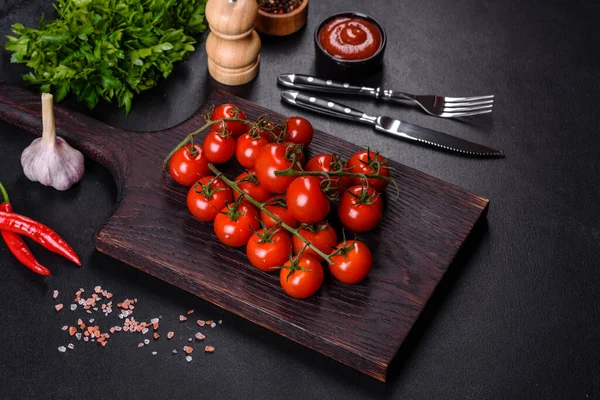 Fresh Cherry Tomatoes Black Background Spices Food Background — Stockfoto
