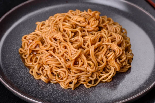Buckwheat Flour Noodles Sauce Sesame Herbs Spices Dark Concrete Background — Stockfoto