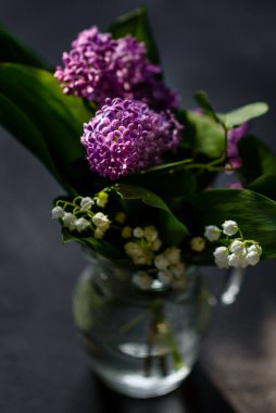 Koyu arkaplanda güzel leylak çiçekleri dalları, doğal bahar arkaplanı, yumuşak seçici odak