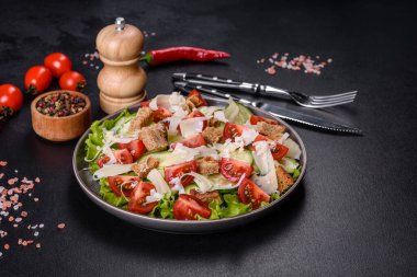 Çeri domatesli taze sebze salatası, salatalık, ekmek kırıntıları ve koyu beton arkaplanda parmesan peyniri.