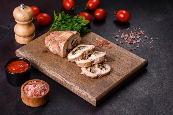 Delicious Fresh Meat Roll Made Chicken Fillet Mushrooms Spices Herbs — Foto de Stock