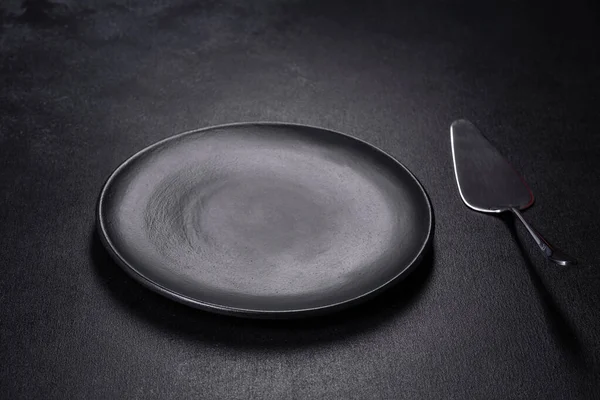 Empty Black Plates Fork Knife Black Background Top View Copy — Stock Photo, Image
