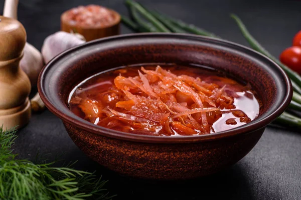 Traditional Ukrainian Borscht Bowl Red Beet Root Soup Borsch — Stock Photo, Image