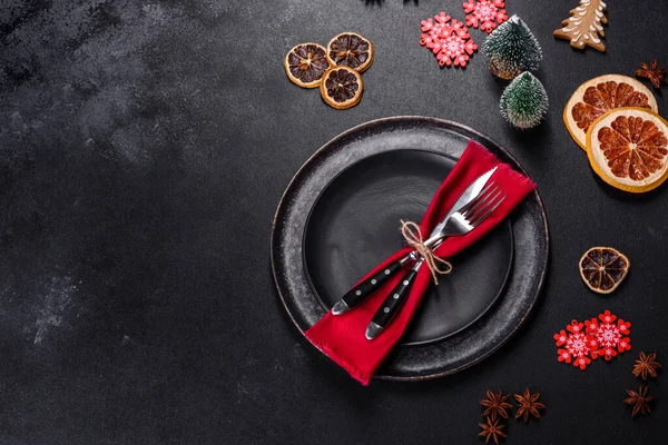 Ensemble Table Noël Avec Plaque Céramique Noire Vide Branche Sapin — Photo